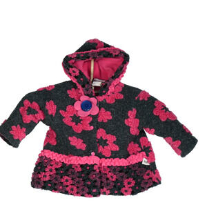 Corky Baby Girls Size 3 6 Months Hooded Gray Pink Wool Blend Fleece Coat Flowers